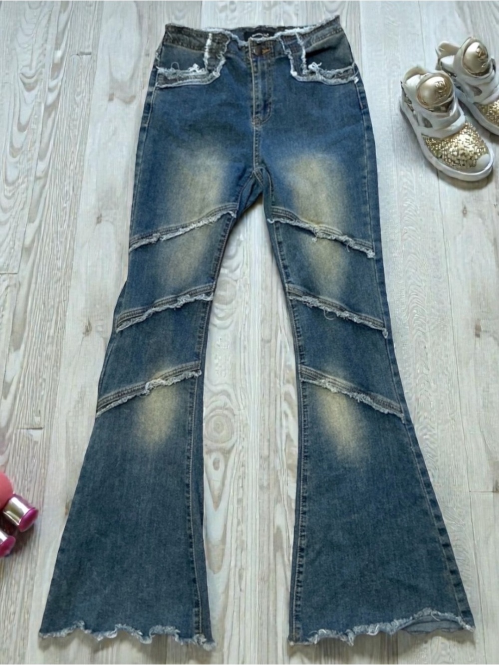 Between Us Frayed Panel Flare Jeans in Medium Blue